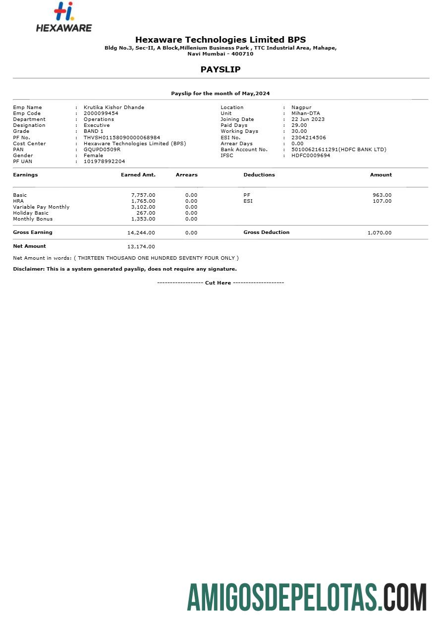 Realista Modelo de recibo de pagamento da Hexaware Technologies em formatos Word e PDF.pdf, 1